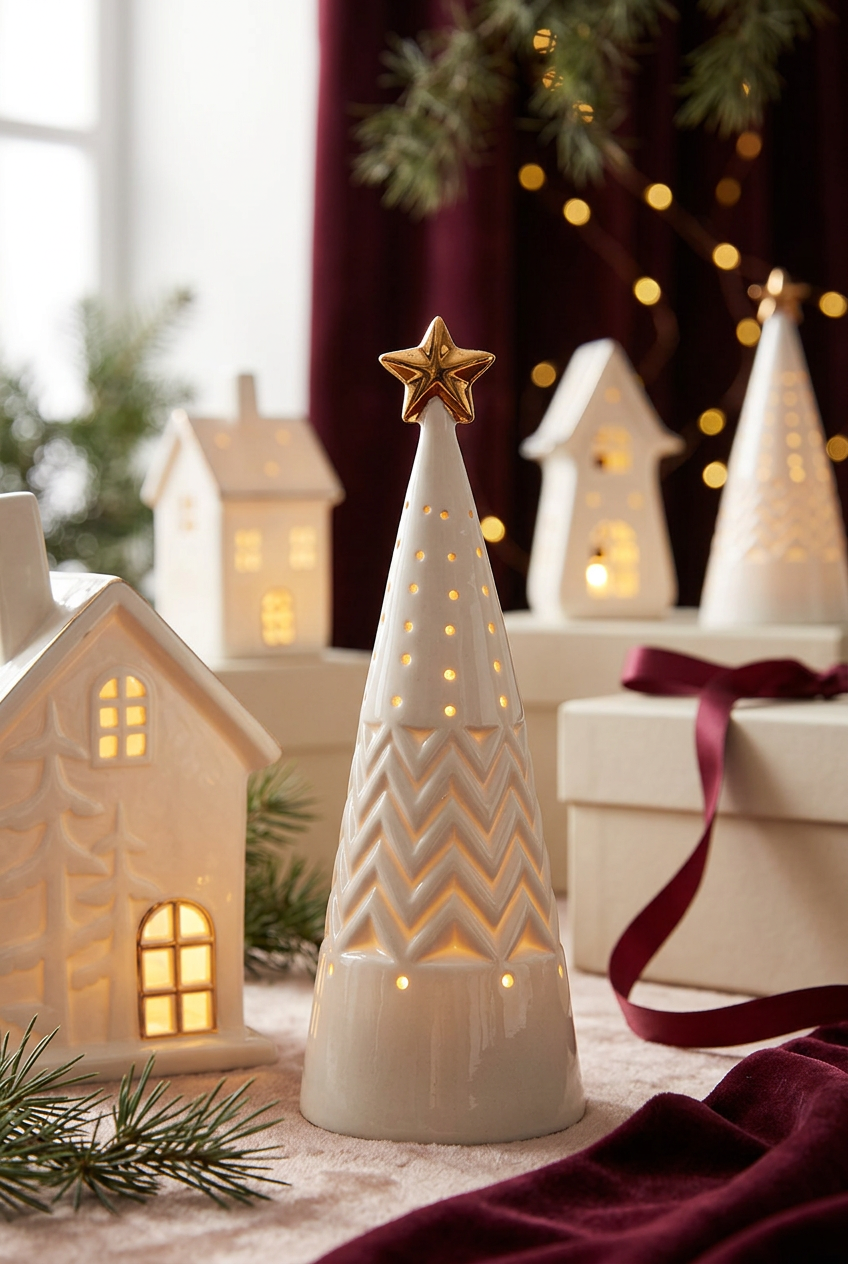 Gold star and sculpted Christmas tree detail