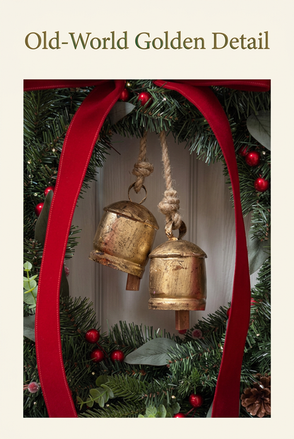 Two distressed gold-toned decorative bells hanging on knotted cords