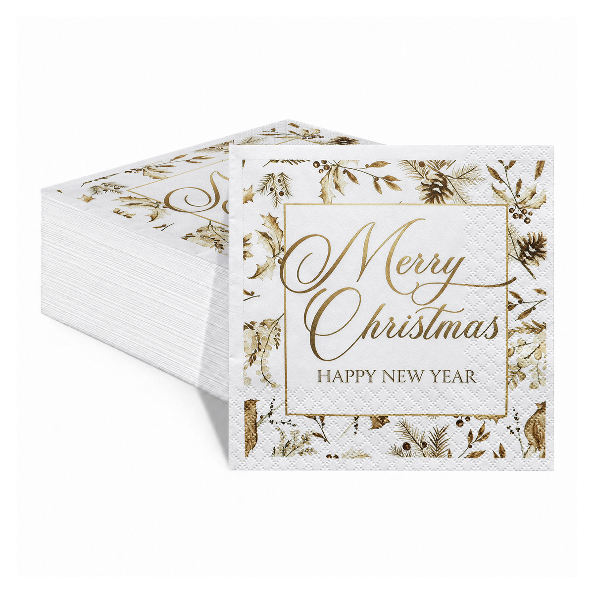 Original white Christmas napkins with olive-gold lettering and botanical border