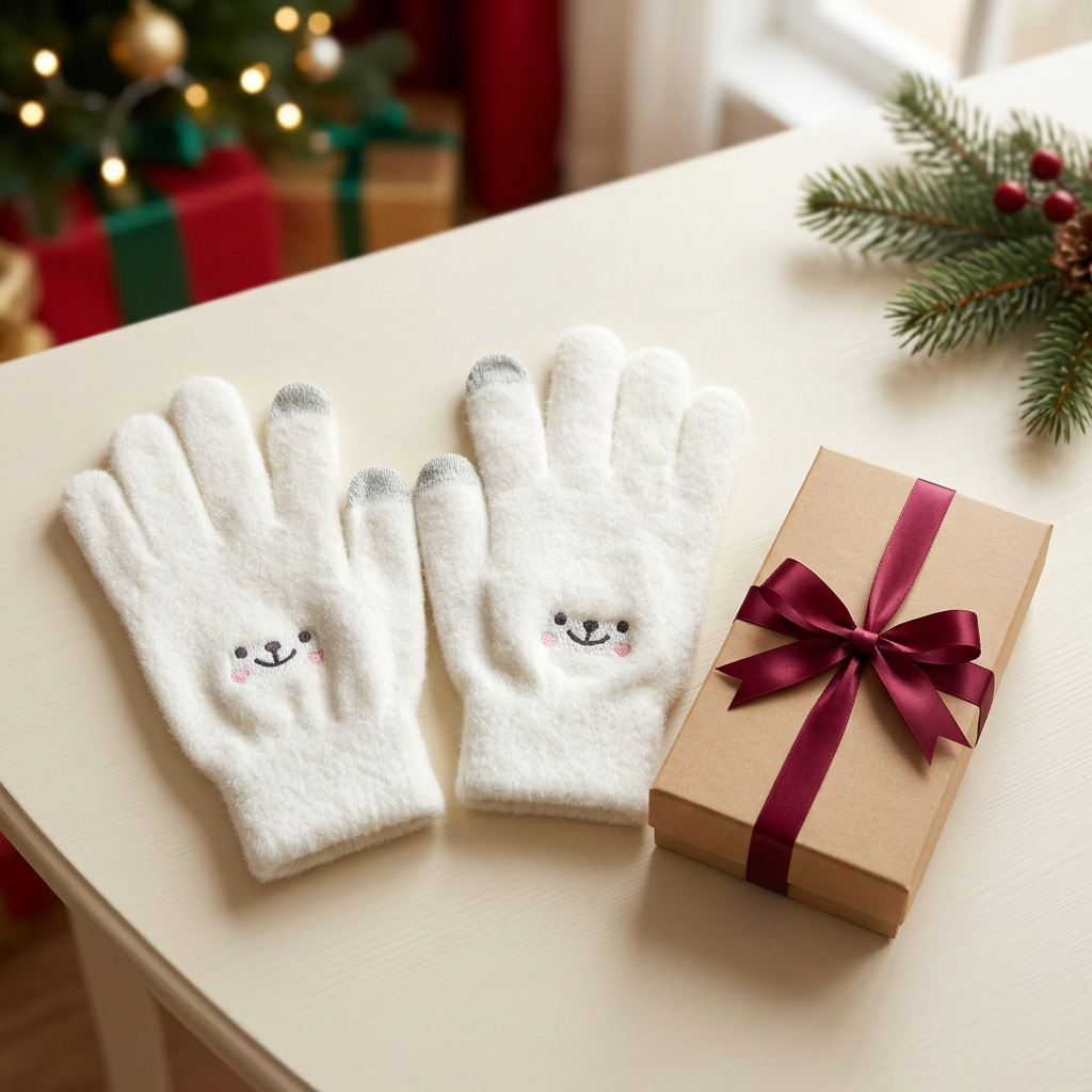 Ivory smile-face gloves in a cream Christmas scene beside an unbranded gift box; packaging styling concept