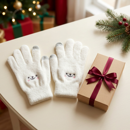 Ivory smile-face gloves in a cream Christmas scene beside an unbranded gift box; packaging styling concept