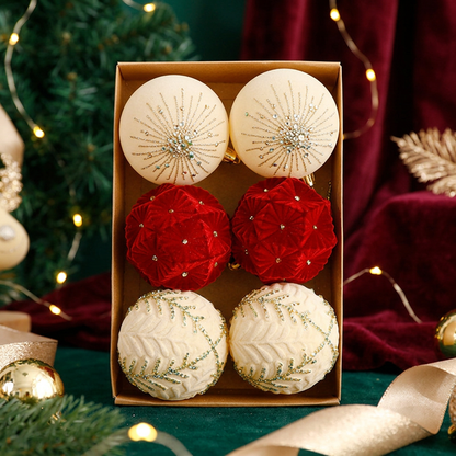 Six red and ivory Christmas ornaments in a plain kraft box with festive green and burgundy styling