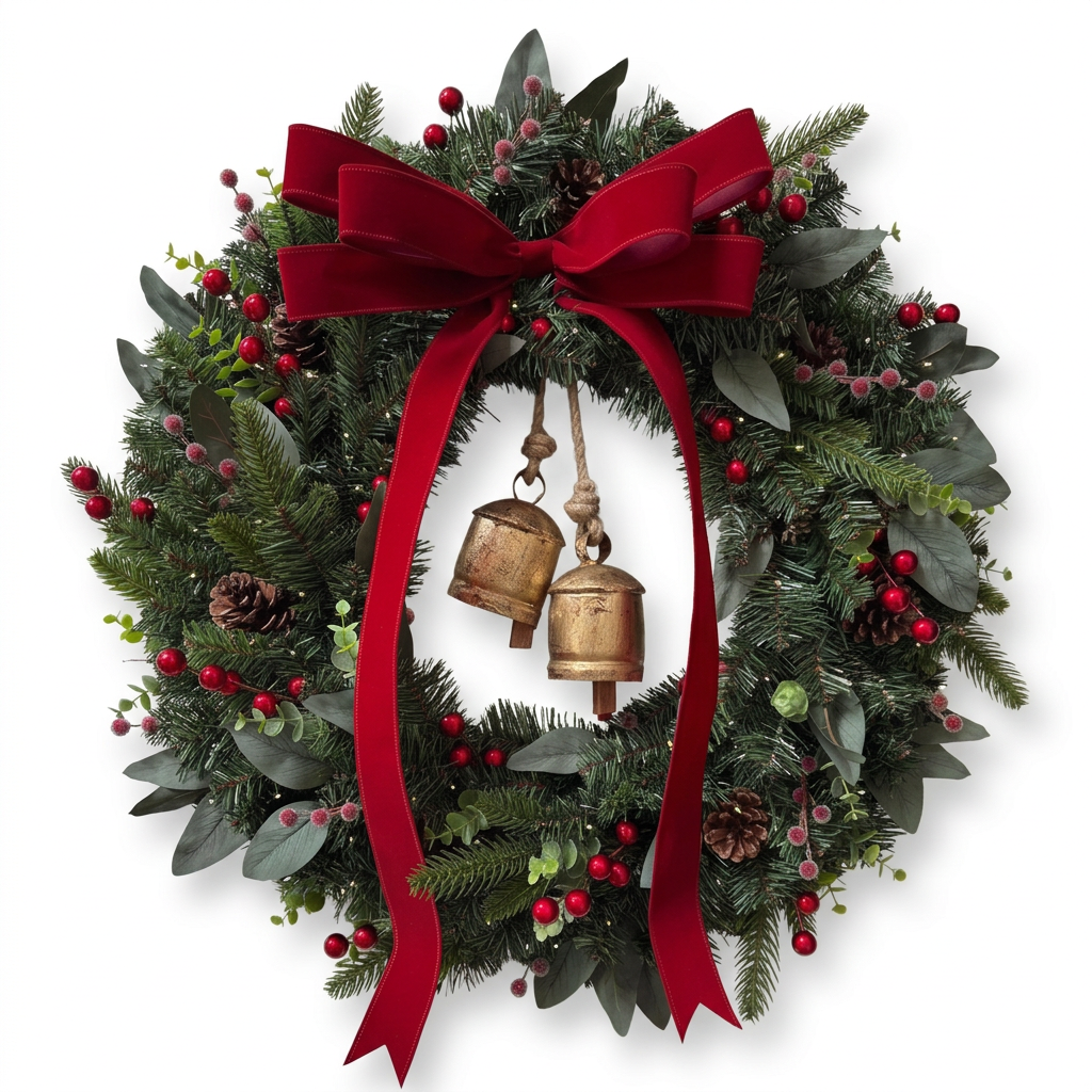 Complete Christmas wreath with red bow and gold bells on a white background
