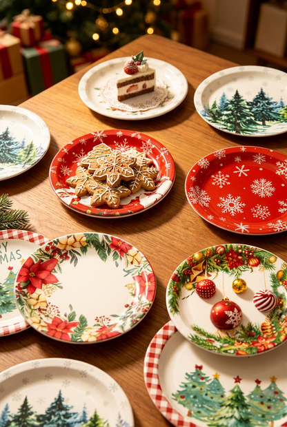 Festive paper plates styled with cookies and cake