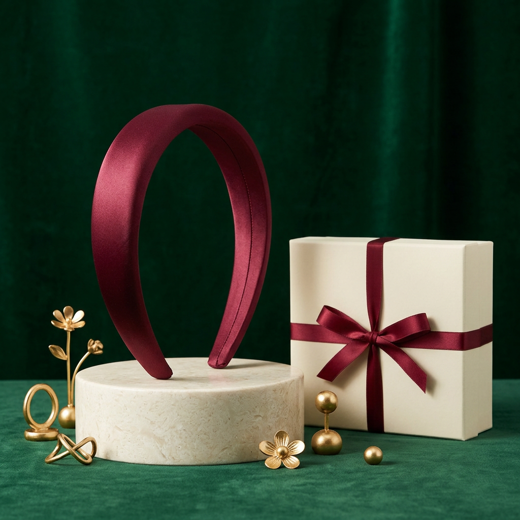 Burgundy satin-look headband on an ivory pedestal with unbranded gift box and emerald backdrop