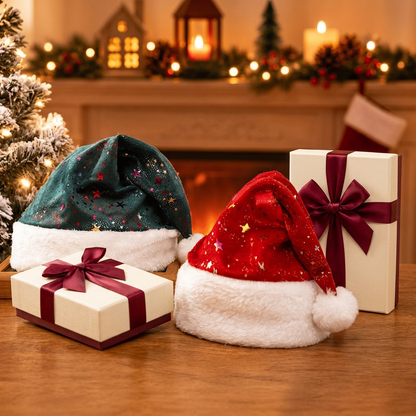 Christmas party hats in a festive fireplace setting
