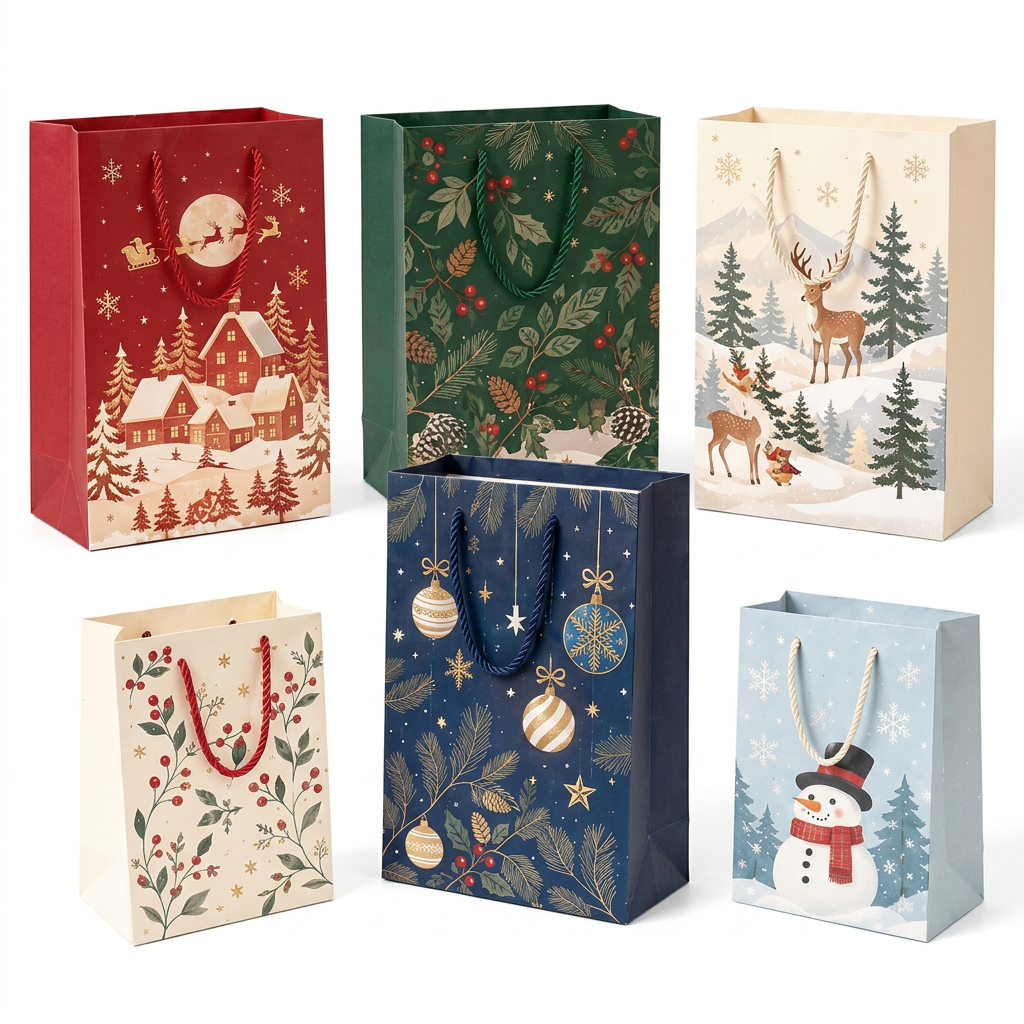 Christmas Stories Gift Bag Set with Rope Handles – Colorful Holiday Gift Packaging with Snowy Village, Woodland Deer, Holly, Ornament & Snowman Designs