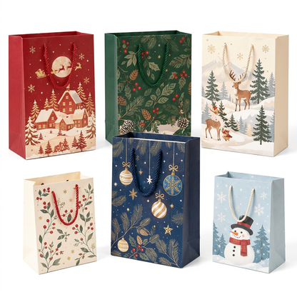 Christmas Stories Gift Bag Set with Rope Handles – Colorful Holiday Gift Packaging with Snowy Village, Woodland Deer, Holly, Ornament & Snowman Designs
