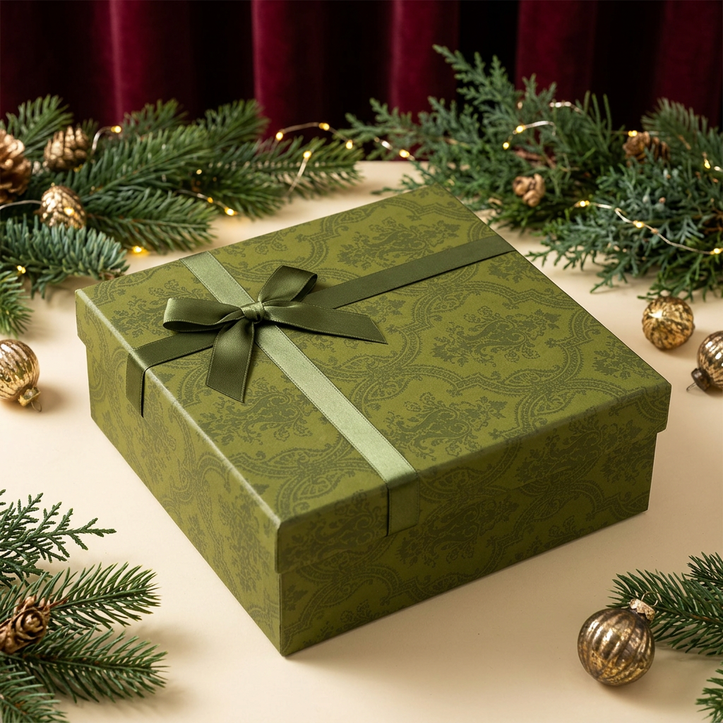 Olive-green Christmas soap gift box with satin bow and festive evergreen styling