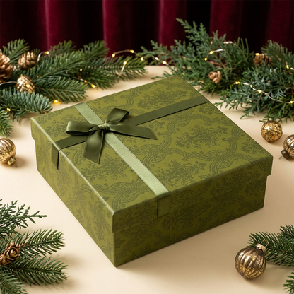 Olive-green Christmas soap gift box with satin bow and festive evergreen styling