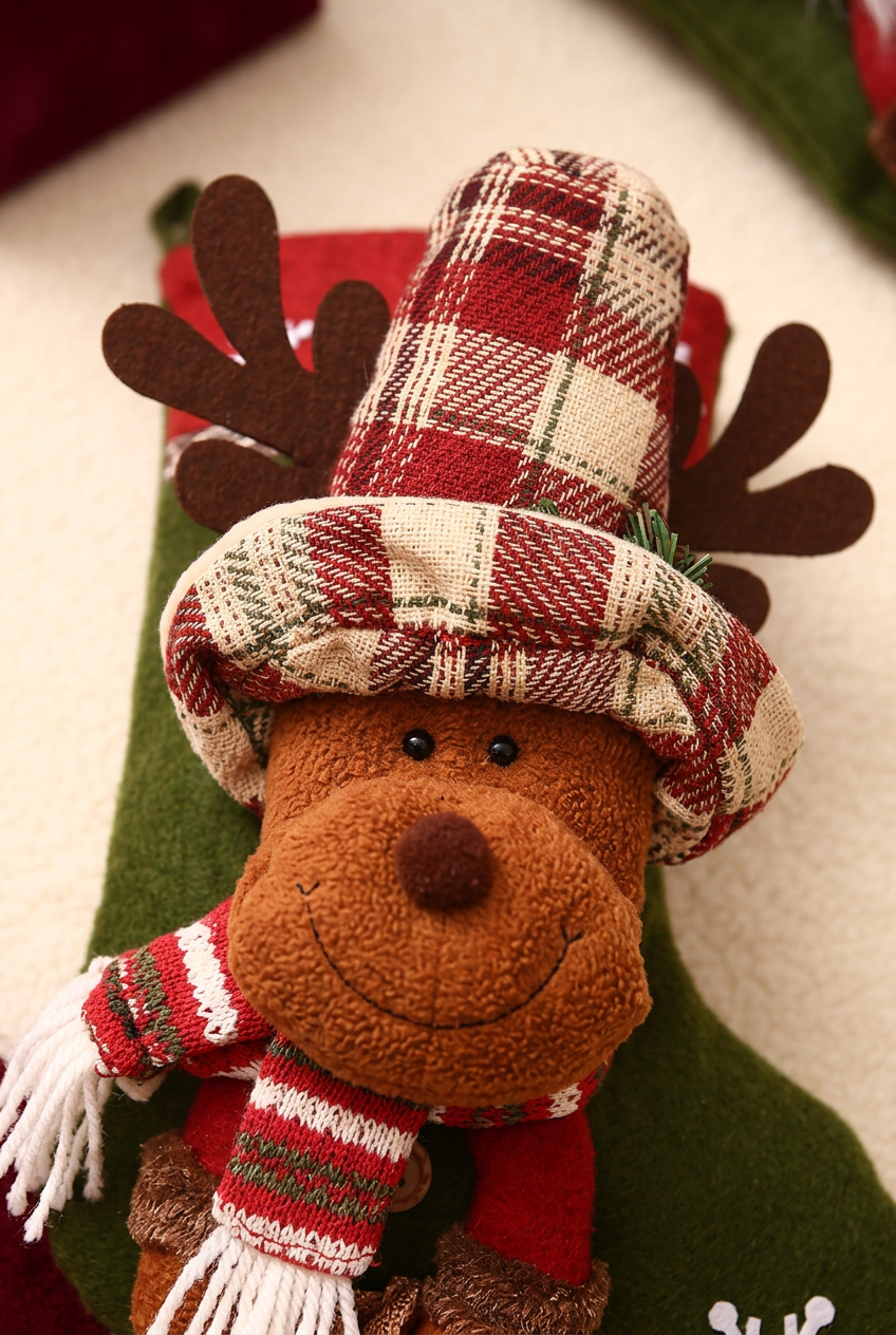 Close-up of the reindeer face and plaid hat