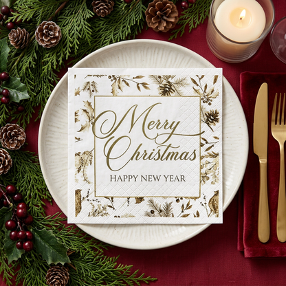 Christmas napkin on an ivory plate with festive table styling