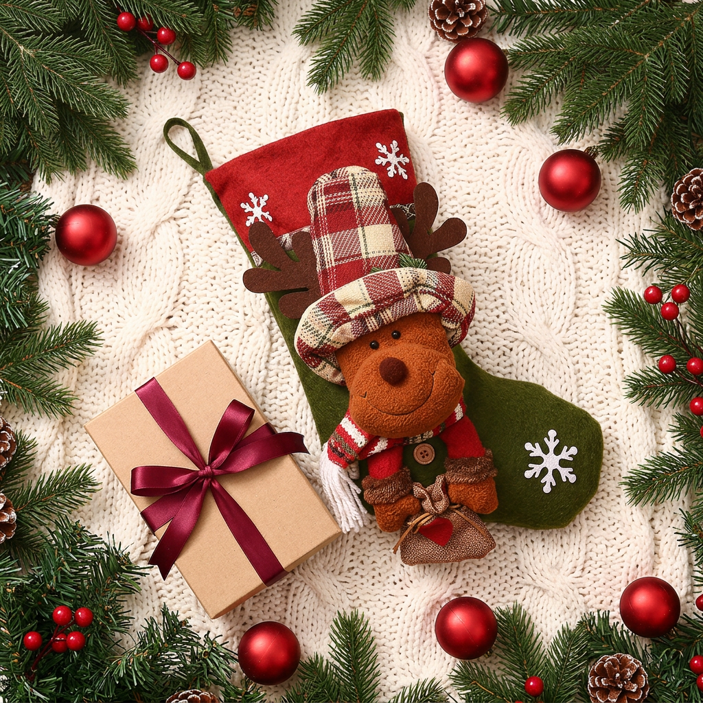 Reindeer Christmas stocking flat lay on an ivory knit textile
